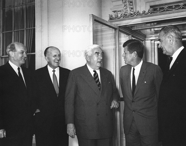 Left to right: U.S. Secretary of State Dean Rusk, Ambassador of Australia Sir Howard Beale, Australian Prime Minister Robert Gordon Menzies, U.S. President John F. Kennedy, U.S. Vice President Lyndon B. Johnson, during Menzies visit to attend luncheon in his honor, North Portico, White House, Washington, D.C., USA, Abbie Rowe, White House Photographs, July 8, 1963