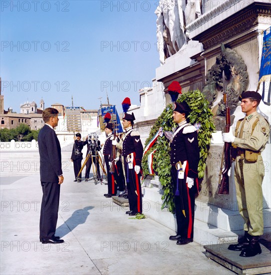 U.S. President John F. Kennedy observing moment of silence at Tomb of the Unknown Soldier, Victor Emmanuel Monument, Rome, Italy, Robert Knudsen, White House Photographs, July 1, 1963