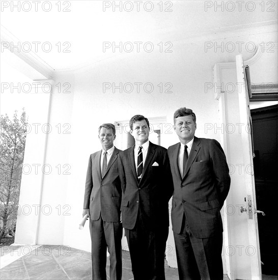 U.S. Attorney General Robert F. Kennedy; Senator Edward M. Kennedy (Massachusetts) and U.S. President Kennedy, standing outside Oval Office, White House, Washington, D.C., USA, Cecil Stoughton, White House Photographs, August 28, 1963