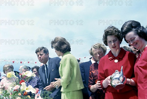 U.S. President John F. Kennedy (center left) with his sister Eunice Kennedy Shriver (center right) attending reception with relatives at Kennedy Homestead, Dunganstown, County Wexford, Ireland, Cecil Stoughton, White House Photographs, June 27, 1963