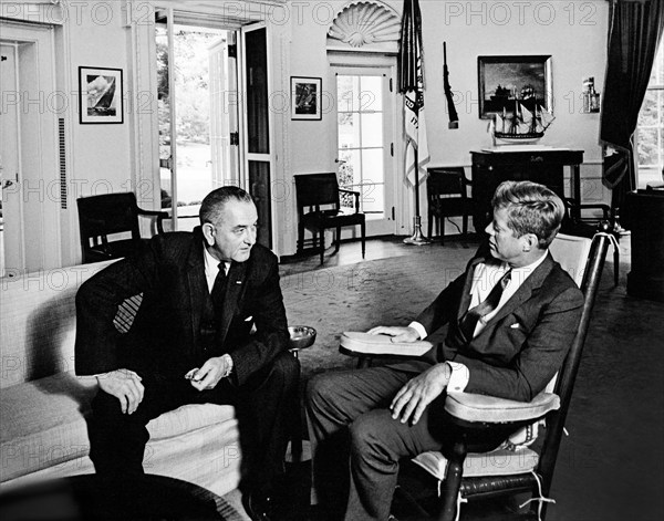 U.S. Vice President Lyndon B. Johnson meeting with U.S. President John F. Kennedy, Oval Office, White House, Washington, D.C., USA, Abbie Rowe, White House Photographs, September 17, 1963