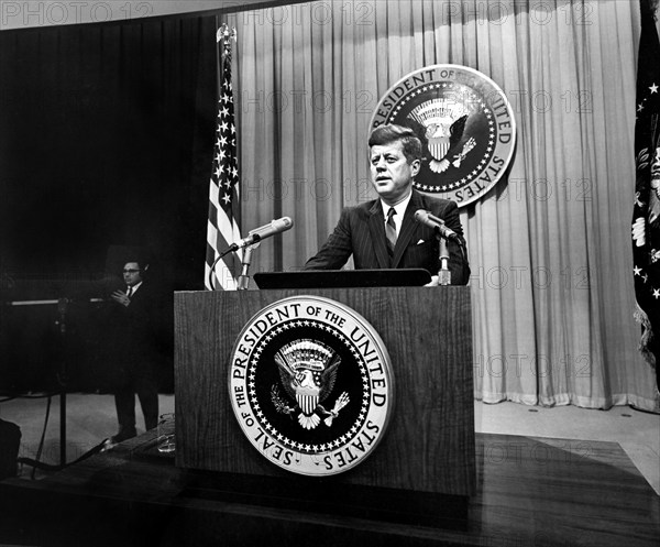 U.S. President John F. Kennedy delivering remarks during press conference, State Department Auditorium, Washington, D.C., USA, October 31, 1963