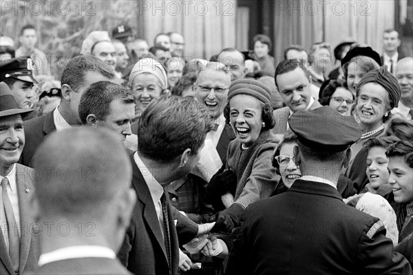 U.S. President John F. Kennedy greeting crowd after attending mass at St. Francis Xavier Chapel, Boston, Massachusetts, USA, Cecil Stoughton, White House Photographs, October 20, 1963