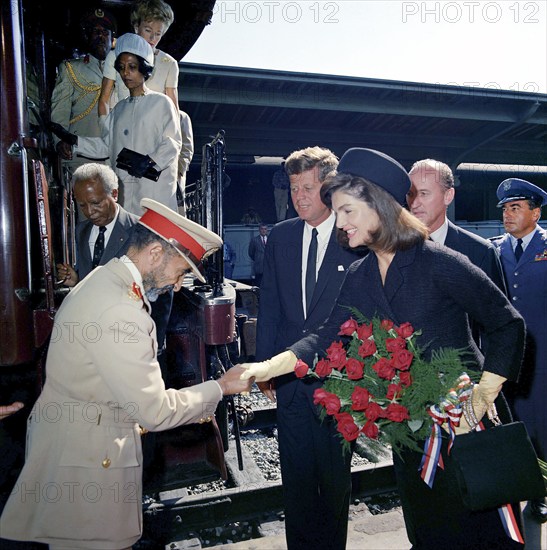 U.S. President John F. Kennedy and U.S. First Lady Jacqueline Kennedy greeting Emperor of Ethiopia, Haile Selassie I, upon his arrival via train at Union Station, Washington, D.C., USA, Cecil Stoughton, White House Photographs, October 1, 1963