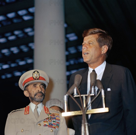 U.S. President John F. Kennedy delivering remarks during arrival ceremony in honor of Emperor of Ethiopia, Haile Selassie I (left), Union Station, Washington, D.C., USA, Cecil Stoughton, White House Photographs, October 1, 1963