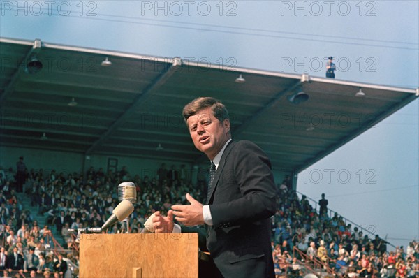 U.S. President John F. Kennedy delivering speech during joint convocation ceremony convened by Pacific Lutheran University and University of Puget Sound, Cheney Stadium, Tacoma, Washington, USA, Cecil Stoughton, White House Photographs, September 27, 1963