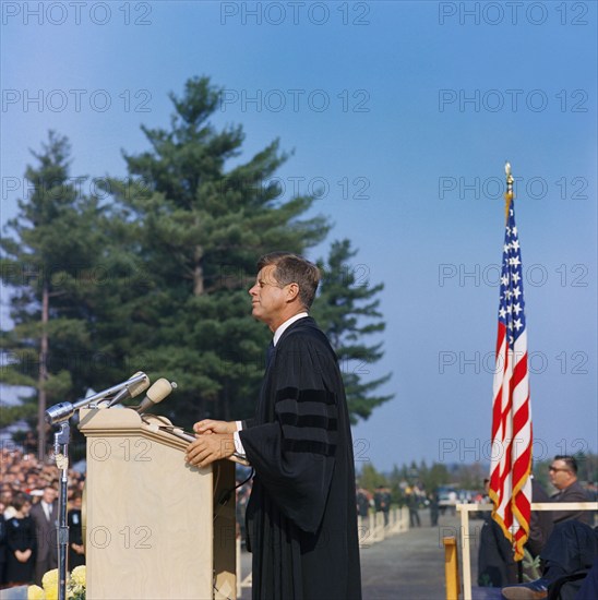 U.S. President John F. Kennedy delivering remarks during convocation, Alumni Memorial Athletic Field, University of Maine, Orono, Maine, USA, Cecil Stoughton, White House Photographs, October 19, 1963