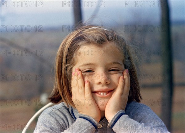 Head and shoulders portrait of Caroline Kennedy, daughter of U.S. President John F. Kennedy and U.S. First Lady Jacqueline Kennedy, at Kennedy family residence, Wexford, Atoka, Virginia, USA, Cecil Stoughton, White House Photographs, November 10, 1963