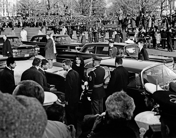 Jacqueline Kennedy and U.S. Attorney General, Robert F. Kennedy preparing to depart the U.S. Capitol Building where late U.S. President John F. Kennedy was lying  in state, Washington, D.C., USA, Abbie Rowe, White House Photographs, November 24, 1963