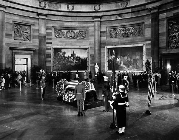 U.S. President John F. Kennedy's flag-draped casket in center of Rotunda, U.S. Capitol Building, Washington, D.C., USA, Abbie Rowe, White House Photographs, November 24, 1963