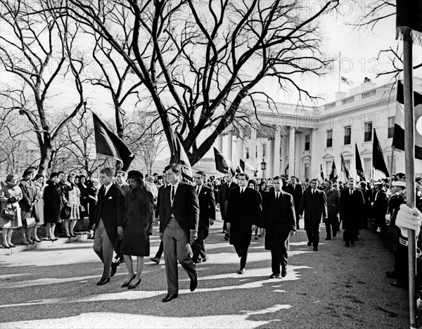 U.S. Attorney General, Robert F. Kennedy, Jacqueline Kennedy, U.S. Senator Edward M. Kennedy, leading the funeral procession (with U.S. President Lyndon Johnson and U.S. First Lady Claudia "Lady Bird" Johnson following behind), of U.S. President John F. Kennedy departing the White House for the Cathedral of St. Matthew the Apostle, Washington, D.C., USA, Abbie Rowe, White House Photographs, November 25, 1963