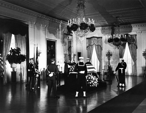 Late U.S. President John Kennedy’s flag-draped casket, members of honor guard standing watch, East Room, White House, Washington, D.C., USA, Abbie Rowe, White House Photographs, November 23, 1963