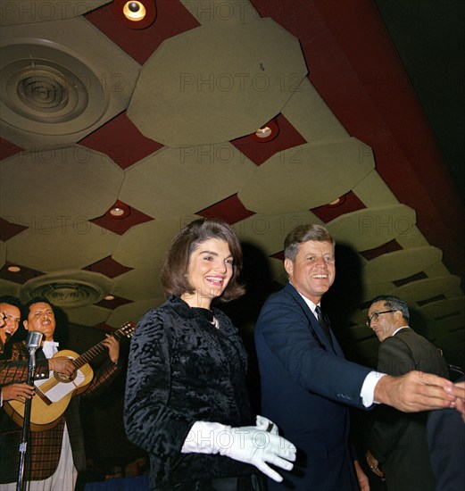 U.S. President John F. Kennedy and U.S. First Lady Jacqueline Kennedy greeting attendees at a dinner held by the League of United Latin American Citizens (LULAC), Rice Hotel, Houston, Texas, USA, Cecil Stoughton, White House Photographs, November 21, 1963