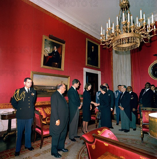 Jacqueline Kennedy, standing next to U.S. Senator Edward Kennedy, shaking hands with Minister of Foreign Affairs of Israel, Golda Meir, during a reception at the White House, following the state funeral of U.S. President John F. Kennedy, Washington, D.C., USA, Cecil Stoughton, White House Photographs, November 25, 1963