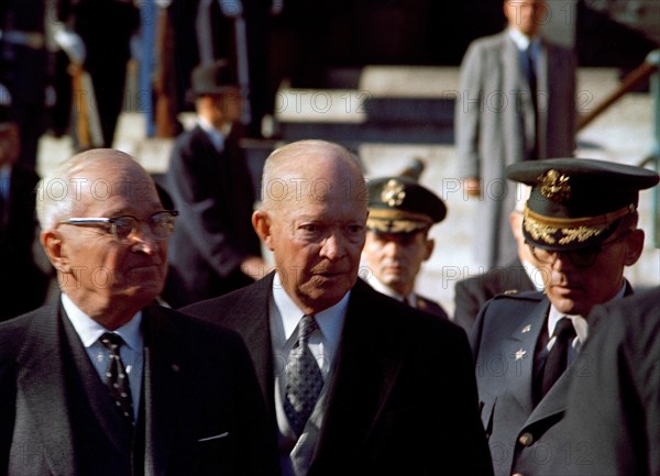 Former U.S. Presidents Harry S. Truman and General Dwight D. Eisenhower stand outside Cathedral of St. Matthew the Apostle for the requiem mass in the state funeral of U.S. President John F. Kennedy, Washington, D.C., USA, Cecil Stoughton, White House Photographs, November 25, 1963