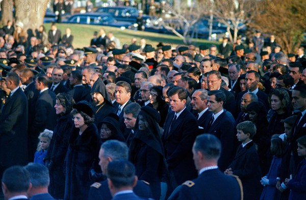 Members of the Kennedy family and others attend graveside services in the state funeral of President John F. Kennedy, Arlington National Cemetery, Arlington, Virginia, USA, Cecil Stoughton, White House Photographs, November 25, 1963