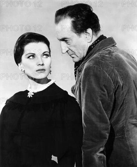 Basil Rathbone, Debra Paget, on-set of the film, "Tales Of Terror", American International Pictures, 1962