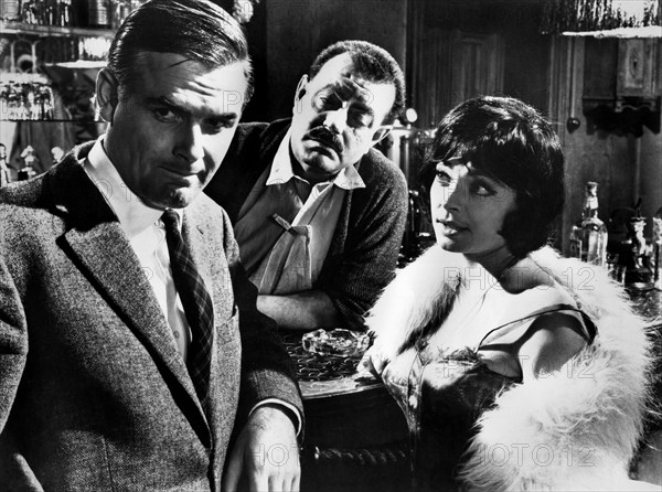 Joachim Fuchsberger, Rudolf Fenner, Anneli Sauli, on-set of the West German film, "Dead Eyes Of London", original German title: "Die toten Augen von London", aka "Dark Eyes Of London", Prisma (West Germany), Exportfilm Bischoff & Co. (Worldwide), Magna Pictures Corporation (USA 1965), 1961