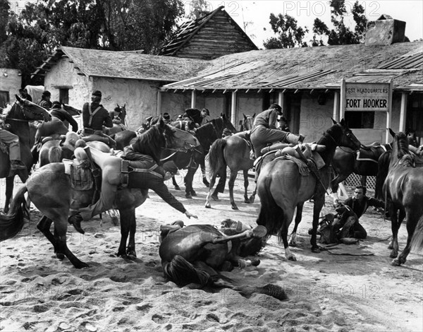 Cavalry fight scene at Fort Hooker, on-set of the western film, "Advance To The Rear", MGM, 1964