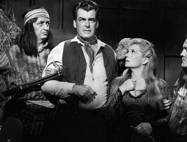 Rory Calhoun (2nd left), Corinne Calvet, on-set of the western film, "Apache Uprising", Paramount Pictures, 1965