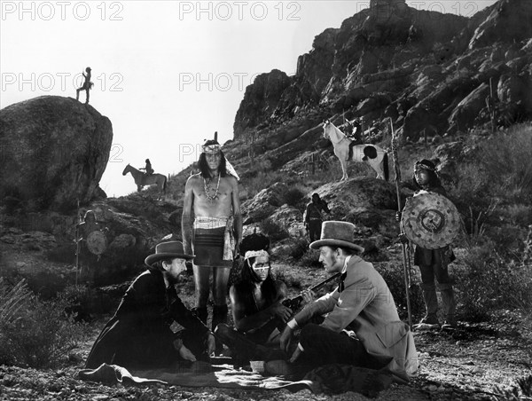 Porter Hall, Frank Hill, Warren William, on-set of the western film, "Arizona", Columbia Pictures, 1940