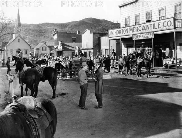 Street scene, on-set of the western film, "The Avenger", Columbia Pictures, 1931