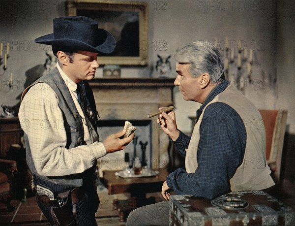 Adam Williams, Kent Smith, on-set of the western film, "The Badlanders", MGM, 1958