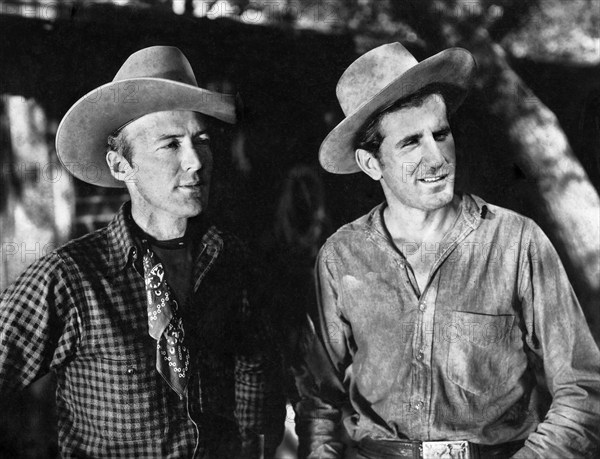 Don Gray (left), William Val (right), on-set of the western film, "Battling Marshal", Astor Pictures, 1950