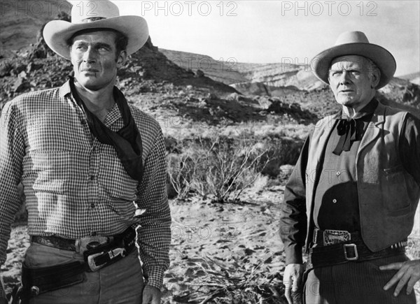 Charlton Heston, Charles Bickford, on-set of the western film, "The Big Country", United Artists, 1958