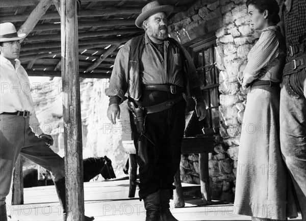 Gregory Peck, Burl Ives, Jean Simmons, on-set of the western film, "The Big Country", United Artists, 1958