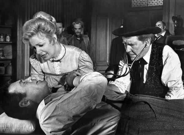 Henry Fonda, Joanne Woodward, Burgess Meredith, on-set of the western film, "A Big Hand For The Little Lady", Warner Bros., 1966