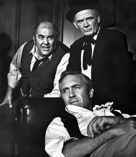 Robert Middleton, Charles Bickford, Jason Robards, on-set of the western film, "A Big Hand For The Little Lady", Warner Bros., 1966