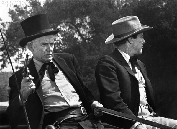 Charles Bickford, Kevin McCarthy, on-set of the western film, "A Big Hand For The Little Lady", Warner Bros., 1966