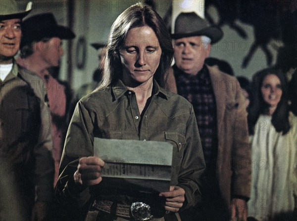 Kenneth Tobey (left), Delores Taylor (center), Bert Freed (right) on-set of the western film, "Billy Jack", Warner Bros., 1971