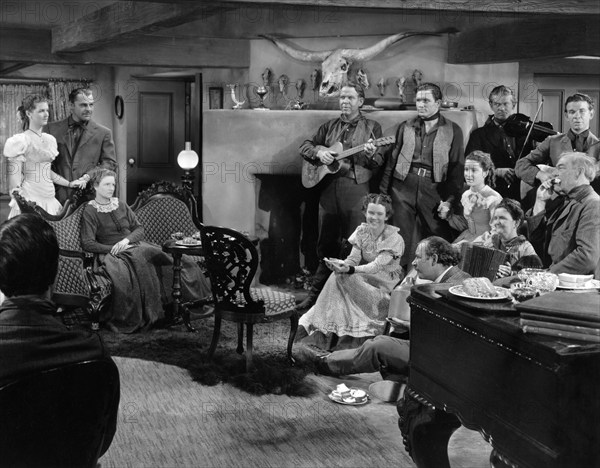 Brian Donlevy, Ruth Pickard Colwell, Ethel Griffies, Mary Howard, Ian Hunter, Obed 'Bubb' Pickard Jr., James Pickard, Leila May Pickard, Ann Pickard Rhea, on-set of the western film, "Billy The Kid", MGM, 1941