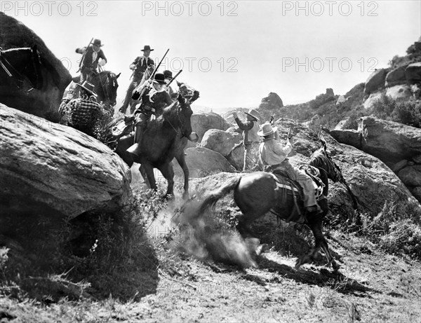 U.S. Cavalry fight scene, on-set of the western film, "Boss Of Boomtown", Universal Pictures, 1944