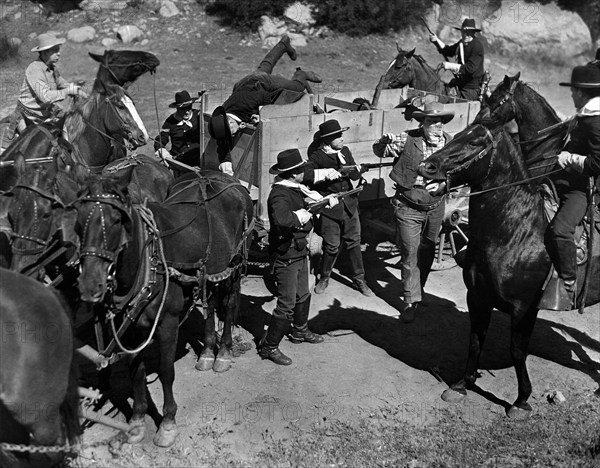 U.S. Cavalry capturing bandit  Richard Alexander, on-set of the western film, "Boss Of Boomtown", Universal Pictures, 1944