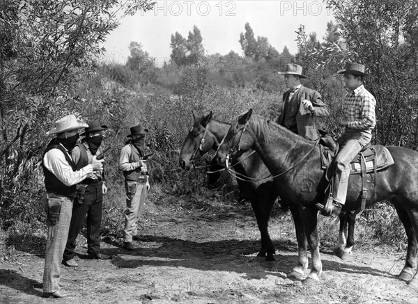 Bud Geary, Jack O'Shea, George Chesebro, Tom London, Jay Kirby, on-set of the western film, "Conquest Of Cheyenne", Republic Pictures, 1946