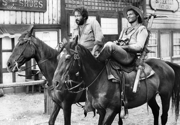 Bud Spencer (left), Terence Hill, (right), on-set of the Italian western film, "Trinity Is Still My Name", Italian title: "continuavano a chiamarlo Trinità", Avco Embassy Pictures, 1971