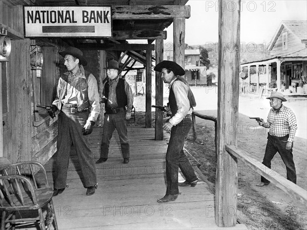 Tom Tyler, Terry Frost, on-set of the western film, "The Daltons' Women", Realart Pictures, Howco, 1950