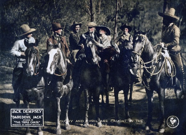 Edward Hearn (center, left), Josie Sedgwick (center, right), on-set of the silent western film serial, "Daredevil Jack", Pathe Exchange, 1920