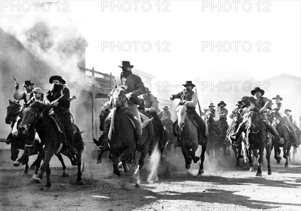 Gang of masked bandits on horseback, on-set of the western film, "Dark Command", Republic Pictures, 1940