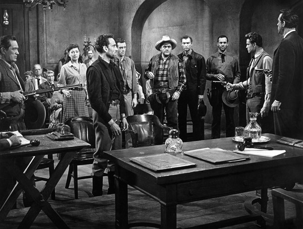 Christopher Dark, Skip Homeier, Lee Van Cleef, Chris Alcaide, John Ericson, Fred MacMurray, on-set of the western film, "