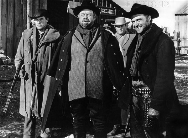 Jack Lambert, Burl Ives, Lance Fuller, on-set of the western film, "Day Of The Outlaw", United Artists, 1959