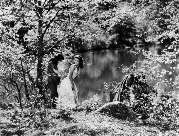 Rita Moreno, Cathy O'Donnell, on-set of the western film, "The Deerslayer", 20th Century-Fox, 1957