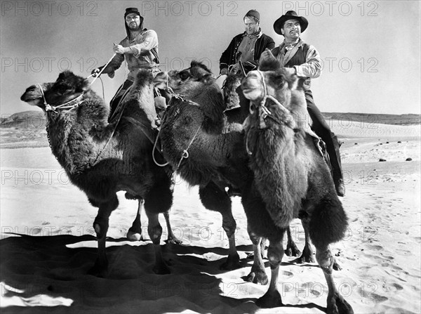 Anthony Caruso, George Tobias, John Doucette, on-set of the western film, "Desert Pursuit", Monogram Pictures, 1952