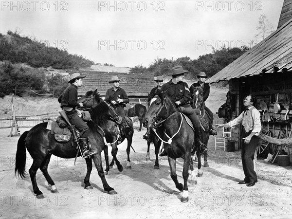 Group of Texas State Police "Bluebellies" on horseback, on-set of the western film, "The Desperado", Allied Artists, 1954