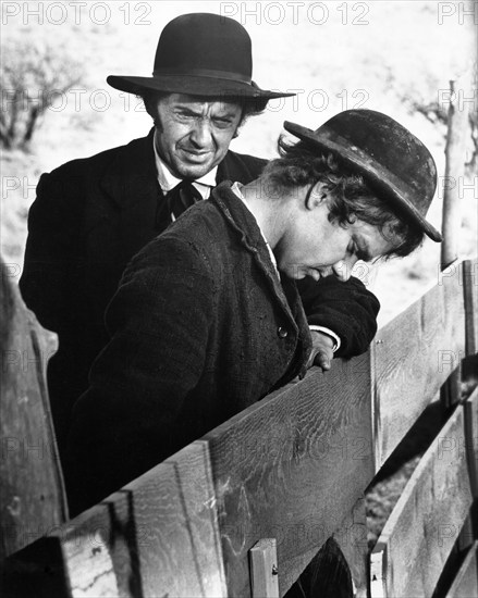 Charles Aidman, Michael J. Pollard, on-set of the western film, "Dirty Little Billy", Columbia Pictures, 1972