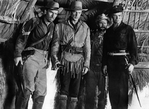 Dan White, Gary Cooper, Arthur Hunnicutt, Richard Webb, on-set of the western film, "Distant Drums", Warner Bros., 1951