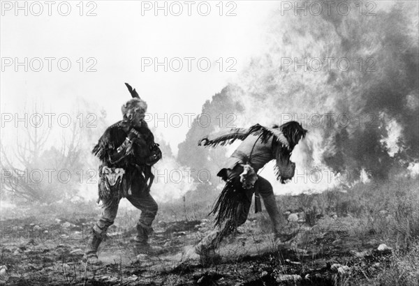 Denver Pyle (left), Dan Haggerty (right), on-set of the western film, "The Adventures Of Frontier Fremont", Sunn Classic Pictures, 1975